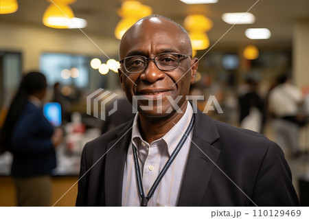 Smiling African American Office Employee in Professional Setting, Gazing at Camera with Confidence Smiling African American Office Employee in Professional Setting, Gazing at Camera with Confidence 110129469