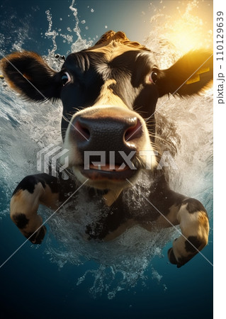 Vertical. Amusing cow swimming underwater in comical scene, cute farm animal submerged in water Vertical. Amusing cow swimming underwater in comical scene, cute farm animal submerged in water 110129639