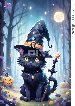 a cute fluffy yellow eyed black cat with a witch hat 110132132