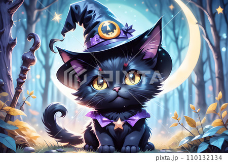 a cute fluffy yellow eyed black cat with a witch hat 110132134