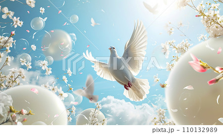 青空を羽ばたく白いハト  generative ai 110132989