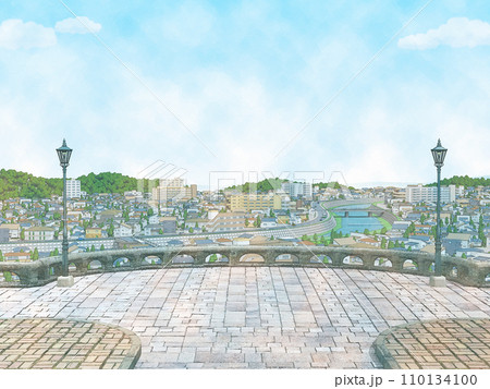 家　住宅　街　手描き風　イラスト 　水彩画風　背景 110134100