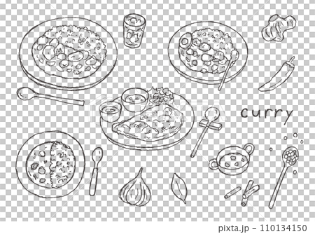 Hand-drawn illustration set of curry rice and naan (monochrome) 110134150