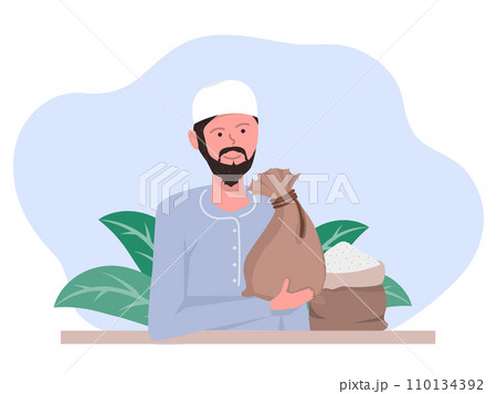 Happy Muslim Portrait people giving donation Zakat in Ramadan and charity flat style vector illustration 110134392