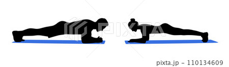 Fitness man and woman doing planking exercise in gym, man woman make an exercise plank silhouette Fitness man and woman doing planking exercise in gym, man woman make an exercise plank silhouette 110134609