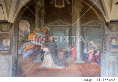 The apostles Peter and Paul appear to St. Dominic, fresco by Santi di Tito in the cloister of Santa Maria Novella Principal Dominican church in Florence, Italy 110135642