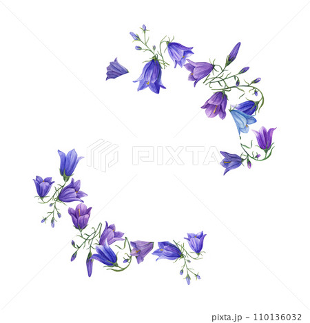 Wreath with blue violet campanula flowers and green leaves. Meadow plants, harebell. Composition with copy space for text. Watercolor illustration for Valentine cards, birthday, mother day greetings 110136032