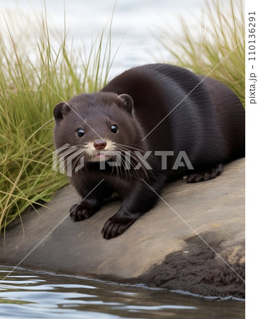 水辺に座るアメリカミンク 110136291