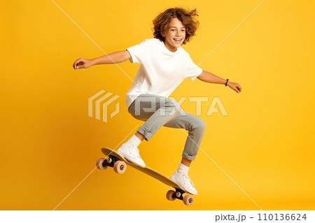 Happy boy skateboarding on yellow background.	Ai Generated 110136624