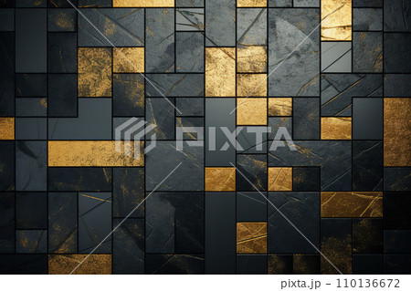 Gold and black mosaic wall background.Ai Generated	 110136672