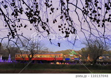 夕暮れ時の小湊鐵道「飯給駅」イルミネーション背景に 110137048