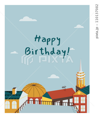 Happy birthday card with the roofs of the houses of the magical city 110137082