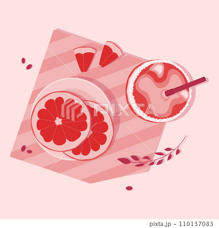 Sliced grapefruit on plate and grapefruit juice in glass jar with straw in pink color Sliced grapefruit on plate and grapefruit juice in glass jar with straw in pink color 110137083