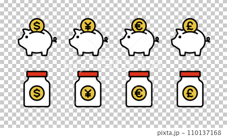 Set of pig piggy bank and bottle icons Currency variations: Japanese yen, dollar, euro, pound Line width variable Set of pig piggy bank and bottle icons Currency variations: Japanese yen, dollar, euro, pound Line width variable 110137168
