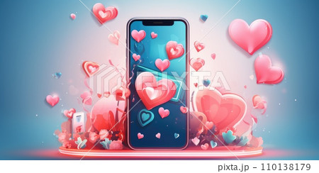 AI-generated content. Smartphone or mobile with heart love icons around, technology concept 110138179