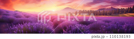AI-generated content. Blooming lavender field during lovely summer sunset, banner concept 110138193