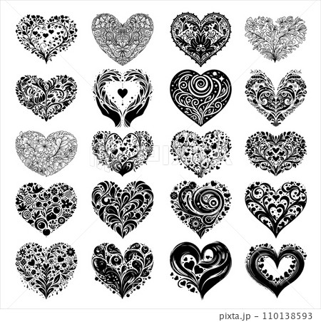 Creative Shape of Hearts in Black Silhouette with abstract and floral pattern. Creative Shape of Hearts in Black Silhouette with abstract and floral pattern. 110138593