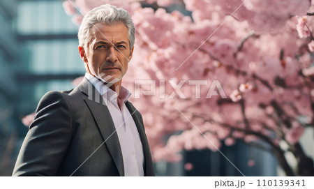 Modern happy young smiling elderly business man with gray hair against the background of pink  110139341