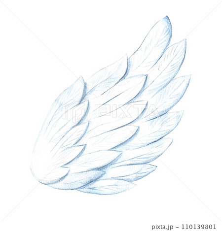 The white wing of an angel. A hand-drawn watercolor illustration. Conceptual design for Valentine's Day and wedding. For postcards, prints and packaging. For flyers, banners, posters. 110139801