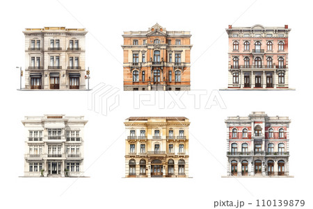 Building front view. Watercolor illustration hand paint style isolated. Perfect for design decoration. Building front view. Watercolor illustration hand paint style isolated. Perfect for design decoration. 110139879