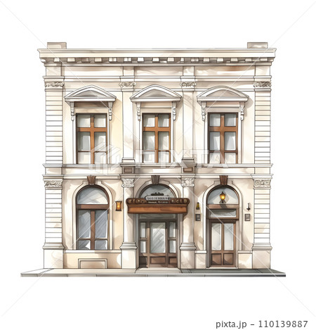 Building front view. Watercolor illustration hand paint style isolated. Perfect for design decoration. 110139887