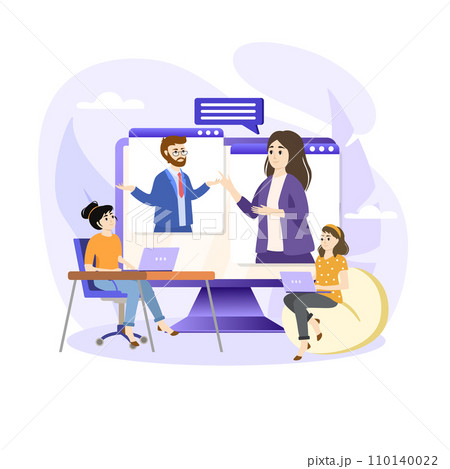 Collaborative learning illustration. Students working in group. Distance learning. Top view of teenagers preparing for lessons. Collaborative learning illustration. Students working in group. Distance learning. Top view of teenagers preparing for lessons. 110140022