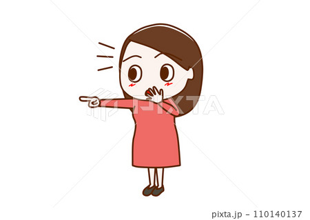 (全身斜め)何かを指差して驚いた顔で気が付く女性 (全身斜め)何かを指差して驚いた顔で気が付く女性 110140137