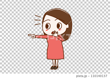 （全身對角線）一位女士指著某物並驚訝地註意到它 110140137