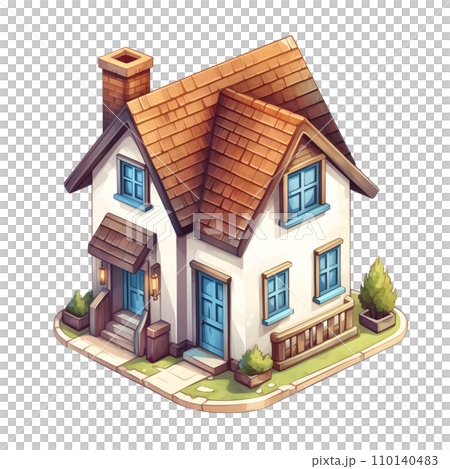 Isometric family house building icon in cartoon hand draw style. Residential home property isolated. Perfect for design decoration. 110140483