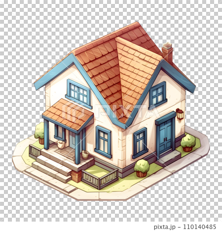 Isometric family house building icon in cartoon hand draw style. Residential home property isolated. Perfect for design decoration. 110140485