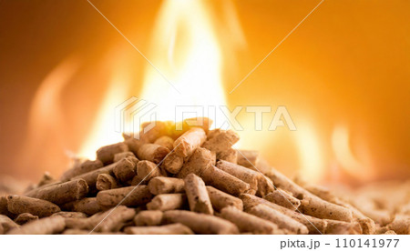 Fiery Biomass: Wood Pellets Igniting in a Pile 110141977