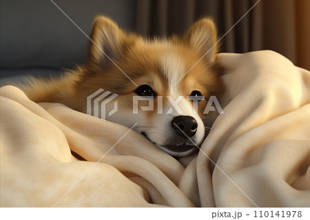 Tranquil Aerial View. Adorable Puppy Peacefully Sleeping Under Soft Blanket on Comfortable Bed Tranquil Aerial View. Adorable Puppy Peacefully Sleeping Under Soft Blanket on Comfortable Bed 110141978