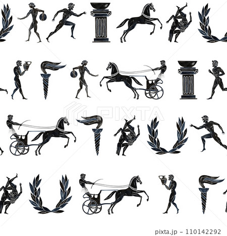 Seamless pattern with ancient Greek athletes. In the style of ancient Greek painting. Hand-painted watercolor. Black silhouettes of athletes. For textiles, prints, backgrounds. For packaging, labels. Seamless pattern with ancient Greek athletes. In the style of ancient Greek painting. Hand-painted watercolor. Black silhouettes of athletes. For textiles, prints, backgrounds. For packaging, labels. 110142292