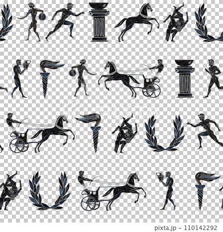 Seamless pattern with ancient Greek athletes. In the style of ancient Greek painting. Hand-painted watercolor. Black silhouettes of athletes. For textiles, prints, backgrounds. For packaging, labels. Seamless pattern with ancient Greek athletes. In the style of ancient Greek painting. Hand-painted watercolor. Black silhouettes of athletes. For textiles, prints, backgrounds. For packaging, labels. 110142292
