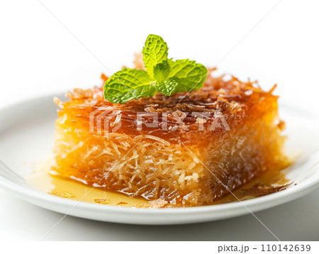 Close-up of Arabic dessert Kunafa on a white background. Close-up of Arabic dessert Kunafa on a white background. 110142639