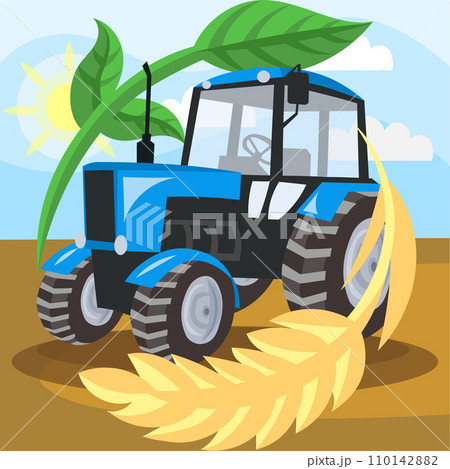Blue tractor during work at field inside circle of wheat and green plant in sunny day 110142882