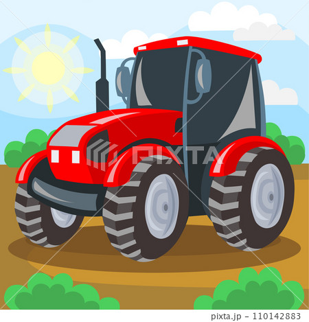 Red tractor on field during cultivation work - vector image. Agriculture and rural concept Red tractor on field during cultivation work - vector image. Agriculture and rural concept 110142883
