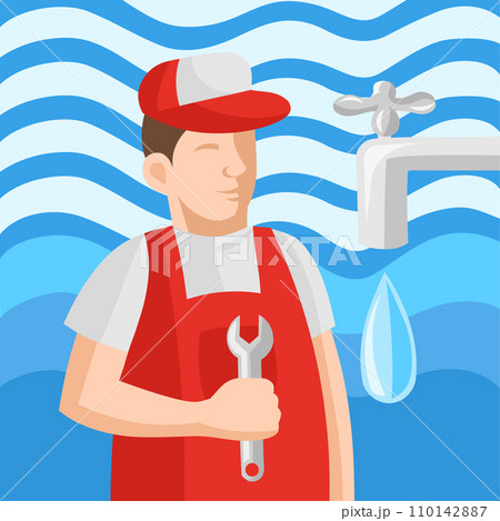 Plumber in uniform with wrench during plumbing service works with water on background 110142887