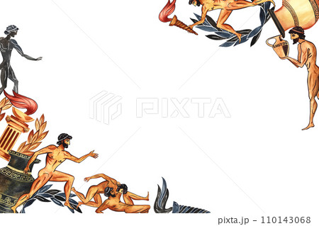 A frame with ancient Greek elements and athletes. In the style of ancient Greek vase painting. A hand-drawn watercolor illustration. On a grey textured background. For postcards, posters and banners. 110143068
