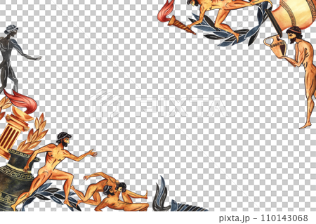 A frame with ancient Greek elements and athletes. In the style of ancient Greek vase painting. A hand-drawn watercolor illustration. On a grey textured background. For postcards, posters and banners. 110143068