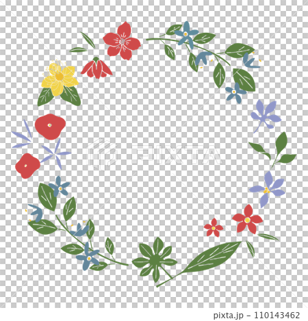 Circular frame of flowers and leaves, botanical wreath frame 110143462