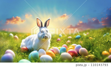 Easter rabbit in meadow with easter eggs in the fresh,green spring landscape. Easter rabbit in meadow with easter eggs in the fresh,green spring landscape. 110143793
