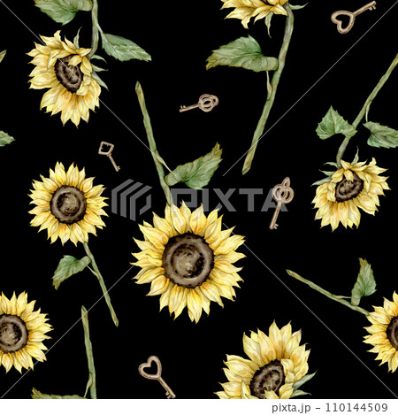 Seamless pattern with sunflowers and key hand painted in vintage style. Yellow flowers composition. Hand painted isolated on white background. Floral illustration for summer or autumn plant twigs 110144509