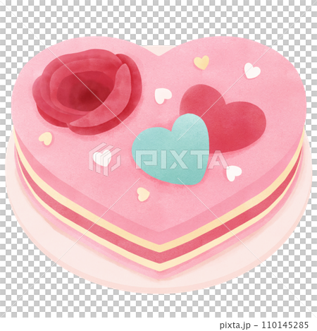 Pink cake with hearts, rose flowers, watercolor clip art 110145285