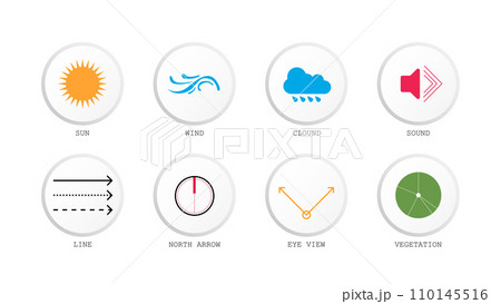architecture site analysis symbol icon element drawing graphic flat isolated vector. architecture element line sun wind sound sun path vegetation. 110145516