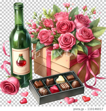 watercolor Valentine's day background with gift box, glass of red wine roses and chocolate candies. AI watercolor Valentine's day background with gift box, glass of red wine roses and chocolate candies. AI 110146017