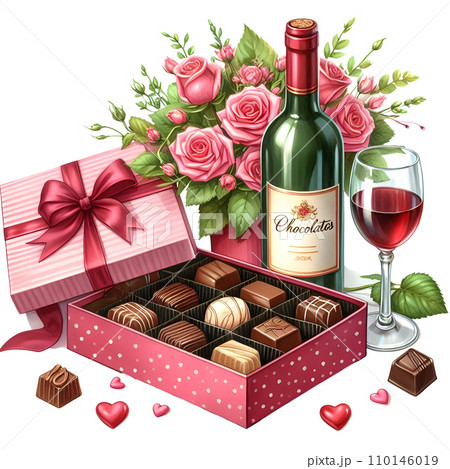 watercolor Valentine's day background with gift box, glass of red wine roses and chocolate candies.  AI 110146019