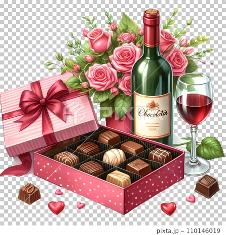 watercolor Valentine's day background with gift box, glass of red wine roses and chocolate candies.  AI 110146019