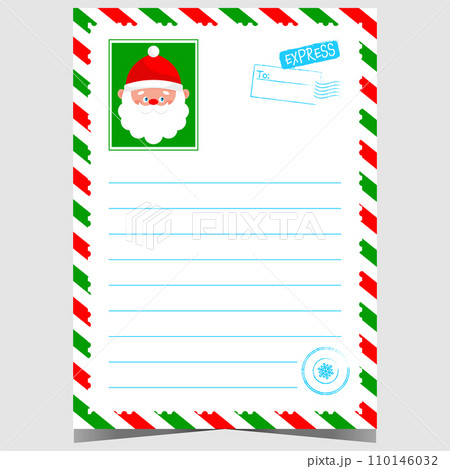 Christmas letter template with cartoon Santa character portrait and North Pole stamp. Vector design of Christmas letter for kids to write a message to Santa during winter holidays. Christmas letter template with cartoon Santa character portrait and North Pole stamp. Vector design of Christmas letter for kids to write a message to Santa during winter holidays. 110146032