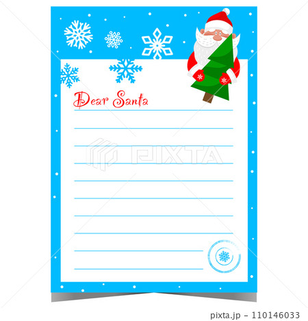 Christmas letter with funny Santa character holding a Christmas tree, snowflakes in the background and empty lined space to write a message or wish list and send it to the North Pole during holidays. Christmas letter with funny Santa character holding a Christmas tree, snowflakes in the background and empty lined space to write a message or wish list and send it to the North Pole during holidays. 110146033